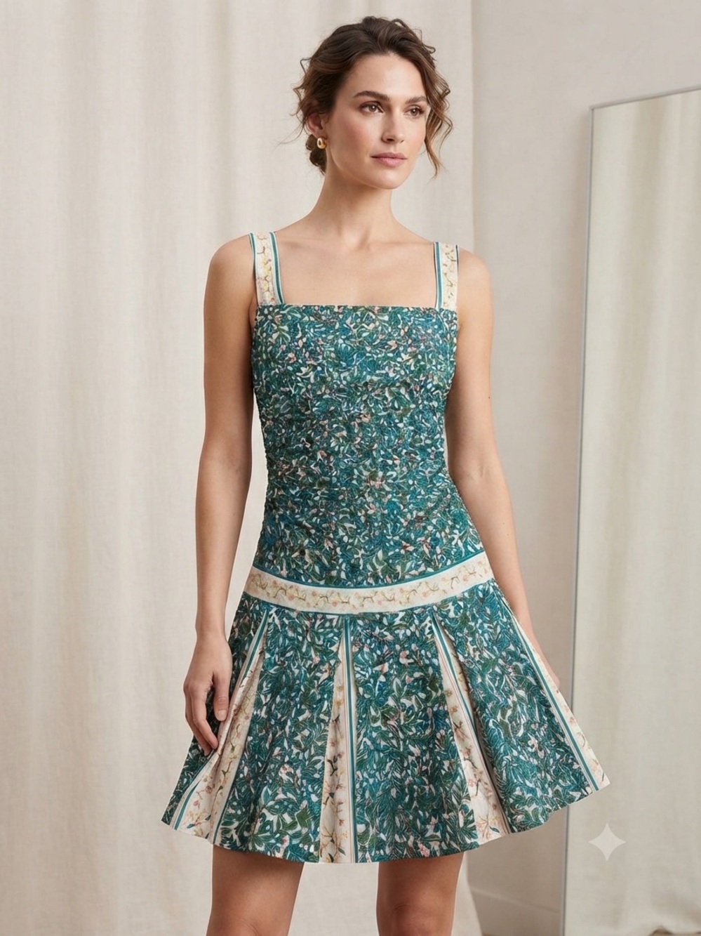 VTG Diane Von Furstenberg Teal Floral Square-Neck Silk Mini Dress w Cream Trim